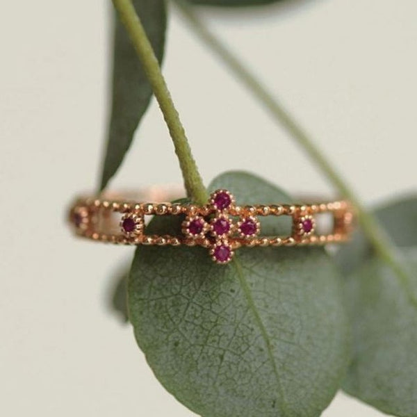 Natural Ruby Rosary Ring. Solid 14k Rose Gold Mill grained Daily Rosary Ring