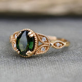 Olive Green Sapphire Floral Engagement Ring. Solid 14k Yellow Gold White Diamond Ring