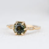 Art deco Hexagon, Green Sapphire Engagement Ring White diamond Solid 14k Yellow Gold Ring