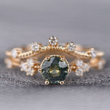 Stunning Green Sapphire and White Diamond 14K Solid Yellow Gold Floral Bridal Set