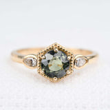 Art Deco Green Sapphire Hexagon Engagement Ring 14k Solid Yellow Gold Diamond  Ring