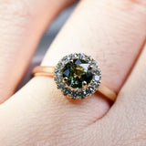 6mm Round Olive Green Sapphire Vintage Engagement Ring White Diamond Halo solid 14k Yellow Gold ring