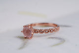 Hexagon Rose Quartz Engagement ring Diamond art Deco band 14k rose solid gold ring
