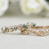 Vintage Rose Bud Ring Green sapphire Solid 14k Yellow Gold Wedding Band