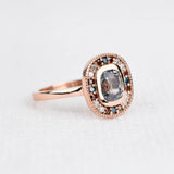 Vintage Light Gray Sapphire Engagement Ring Multi Diamond Halo Mil Grain 14k Rose gold Ring