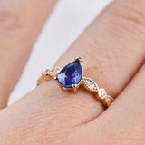 Blue Sapphire Pear Shape Engagement Ring Art Deco Style Diamond 14k Yellow Gold Ring