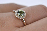 Vintage Modern Beauty, Natural Green Sapphire Engagement ring white diamond solid 14k yellow gold ring
