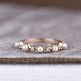 Art Deco Honeycomb Design Creamy White Fresh pearl and Diamond 14k Solid Gold Ring