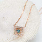 Dancing Blue Diamond Square halo 14k Rose Gold Daily Necklace