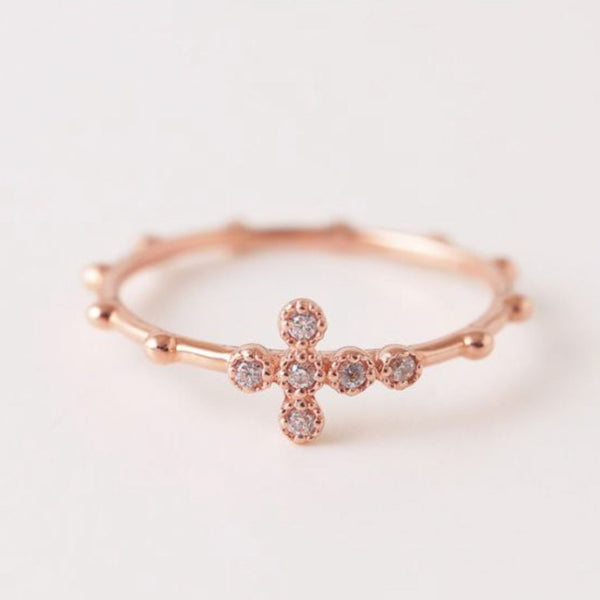 Mil grain Cross Rosary Ring, Solid 14k Rose, Yellow Gold Ring