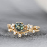 Stunning Green Sapphire and White Diamond 14K Solid Yellow Gold Floral Bridal Set