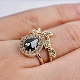 Rose Cut Pear Shape Green Diamond Cognac Diamond Halo 14k Solid Rose Gold Engagement Ring