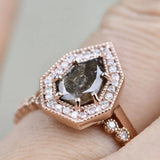 Kite Brown Diamond Vintage Ring 14K Solid Rose Gold White Diamond Halo Engagement Ring