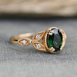 Olive Green Sapphire Floral Engagement Ring. Solid 14k Yellow Gold White Diamond Ring