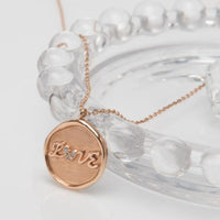 Love is only, both side love heart pendant , 14k rose gold Love coin necklace