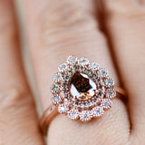 Pear Shape Brown Diamond Double Halo White Diamond Solid 14k Rose Gold Engagement Ring