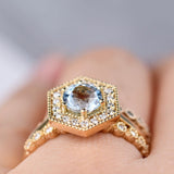 Round Aquamarine White Diamond Hexagon Halo 14k Solid gold Engagement Ring