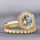 Round Aquamarine White Diamond Hexagon Halo 14k Solid gold Engagement Ring