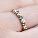 Vintage Rose Bud Ring Green sapphire Solid 14k Yellow Gold Wedding Band