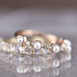 Art Deco Honeycomb Design Creamy White Fresh pearl and Diamond 14k Solid Gold Ring