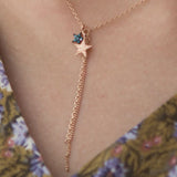 Bohemian Duo Star Charm Necklace, 14k rose gold blue diamond  Daily Necklace