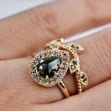 Rose Cut Pear Shape Green Diamond Cognac Diamond Halo 14k Solid Rose Gold Engagement Ring