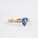 Blue Sapphire Pear Shape Engagement Ring Art Deco Style Diamond 14k Yellow Gold Ring