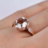 art deco design, 8 mm round morganite Engagement ring, 14k rose gold white diamond pink sapphire vintage ring