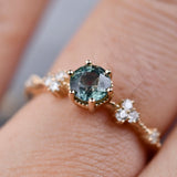 Stunning Green Sapphire and White Diamond 14K Solid Yellow Gold Floral Bridal Set