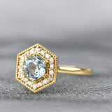 Round Aquamarine White Diamond Hexagon Halo 14k Solid gold Engagement Ring