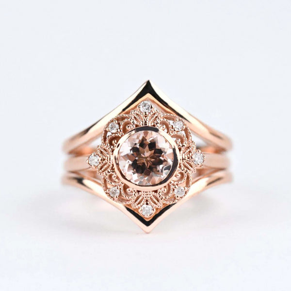 Stunning flower, Magnolia Engagement ring set 6mm round morganite, white diamond & rose gold set