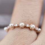 Art Deco Honeycomb Design Creamy White Fresh pearl and Diamond 14k Solid Gold Ring