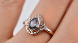Vintage Two tones, Pear Shape Sapphire Engagement Ring 14k yellow and rose gold white diamond ring