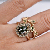 Rose Cut Pear Shape Green Diamond Cognac Diamond Halo 14k Solid Rose Gold Engagement Ring