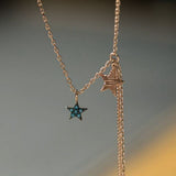 Bohemian Duo Star Charm Necklace, 14k rose gold blue diamond  Daily Necklace