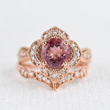 The queen of Floral Pink Tourmaline engagement ring , White diamond 14k Rose Gold Vintage Ring