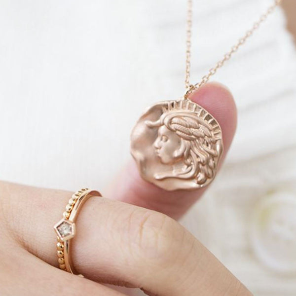 Antique medusa coin pendant, solid 14k rose gold necklace