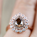 Pear Shape Brown Diamond Double Halo White Diamond Solid 14k Rose Gold Engagement Ring
