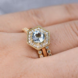 Round Aquamarine White Diamond Hexagon Halo 14k Solid gold Engagement Ring