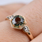 Art Deco Green Sapphire Hexagon Engagement Ring 14k Solid Yellow Gold Diamond  Ring