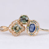 Art deco Hexagon, Green Sapphire Engagement Ring White diamond Solid 14k Yellow Gold Ring