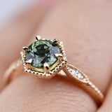 Art deco Hexagon, Green Sapphire Engagement Ring White diamond Solid 14k Yellow Gold Ring