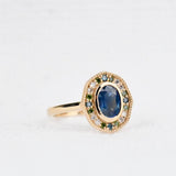 Art deco floral, solid 14k yellow gold engagement ring blue sapphire & color diamond ring
