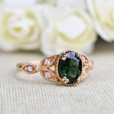Olive Green Sapphire Floral Engagement Ring. Solid 14k Yellow Gold White Diamond Ring