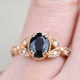 Olive Green Sapphire Floral Engagement Ring. Solid 14k Yellow Gold White Diamond Ring