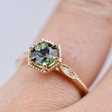 Art deco Hexagon, Green Sapphire Engagement Ring White diamond Solid 14k Yellow Gold Ring