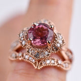 The queen of Floral Pink Tourmaline engagement ring , White diamond 14k Rose Gold Vintage Ring