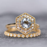 Round Aquamarine White Diamond Hexagon Halo 14k Solid gold Engagement Ring
