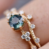 Stunning Green Sapphire and White Diamond 14K Solid Yellow Gold Floral Bridal Set