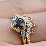 Art Deco Green Sapphire Hexagon Engagement Ring 14k Solid Yellow Gold Diamond  Ring